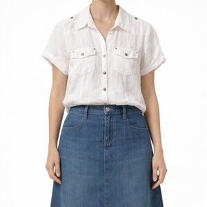 Carole Little 100% Linen Button Front Shirt Size Medium Short Sleeve Safari